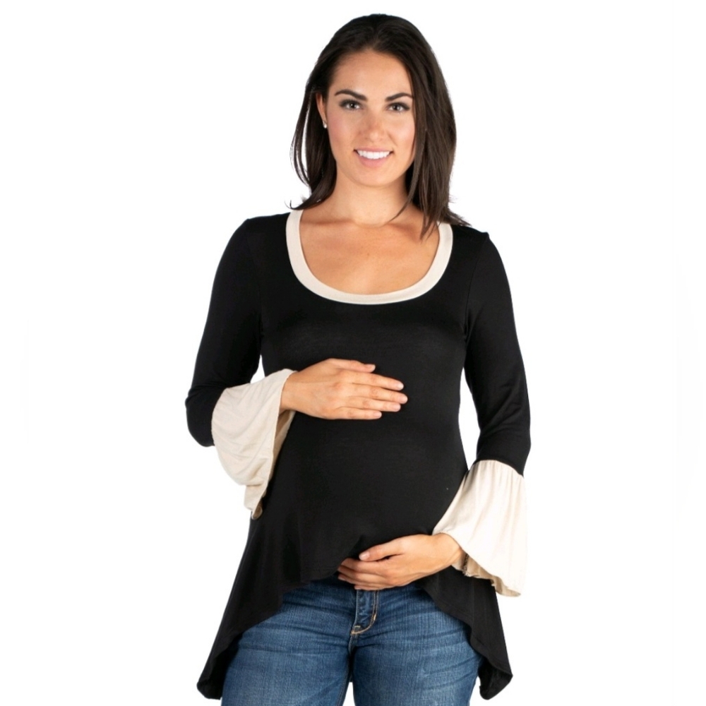 NWT 24seven Comfort Apparel Black Beige Bell Sleeve Hi Low Maternity Tunic XL